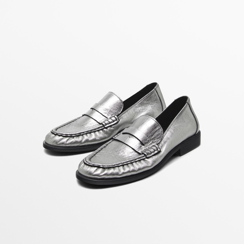 Massimo Dutti Metallic Silver Penny Loafers